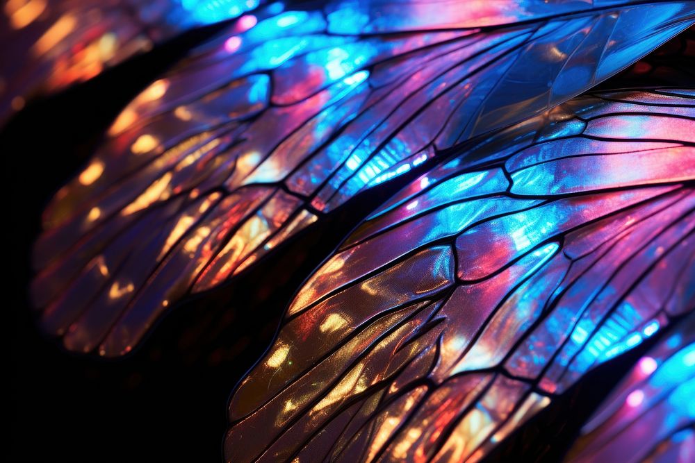 A butterfly wing with colorful backgrounds illuminated accessories.