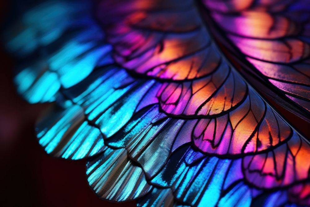 A butterfly wing with colorful backgrounds pattern illuminated.