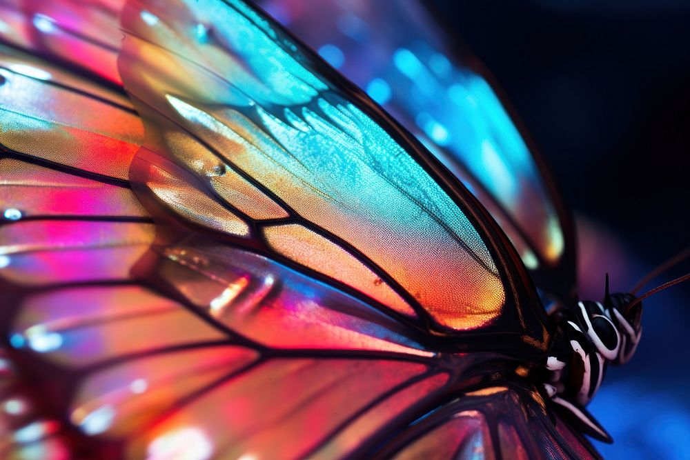 A butterfly wing with colorful insect invertebrate illuminated.