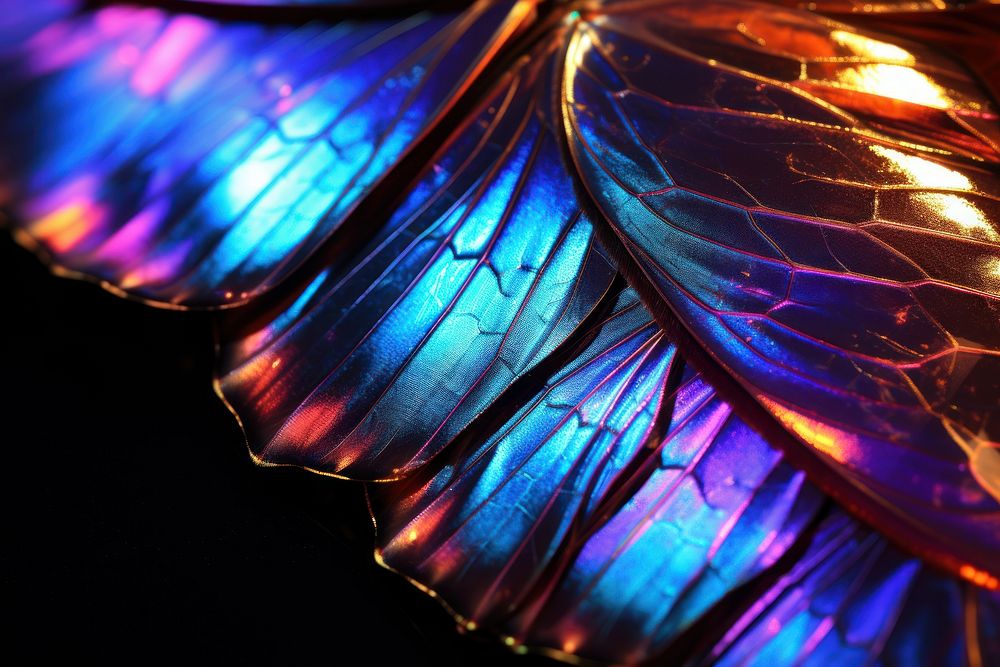A butterfly wing with colorful backgrounds purple black background.