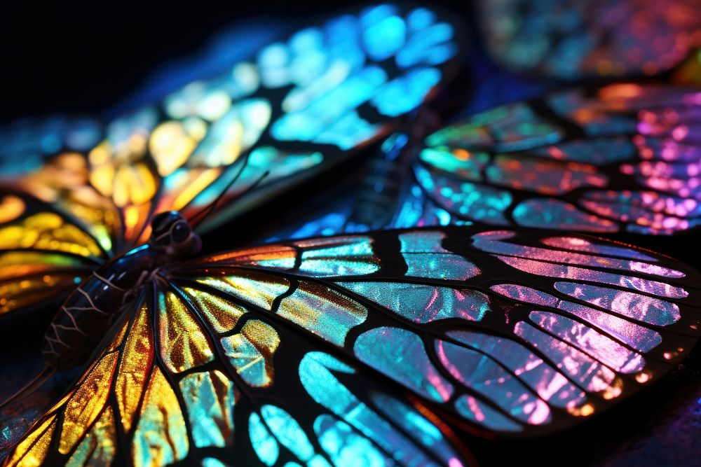 A butterfly wing with colorful fragility glowing pattern.