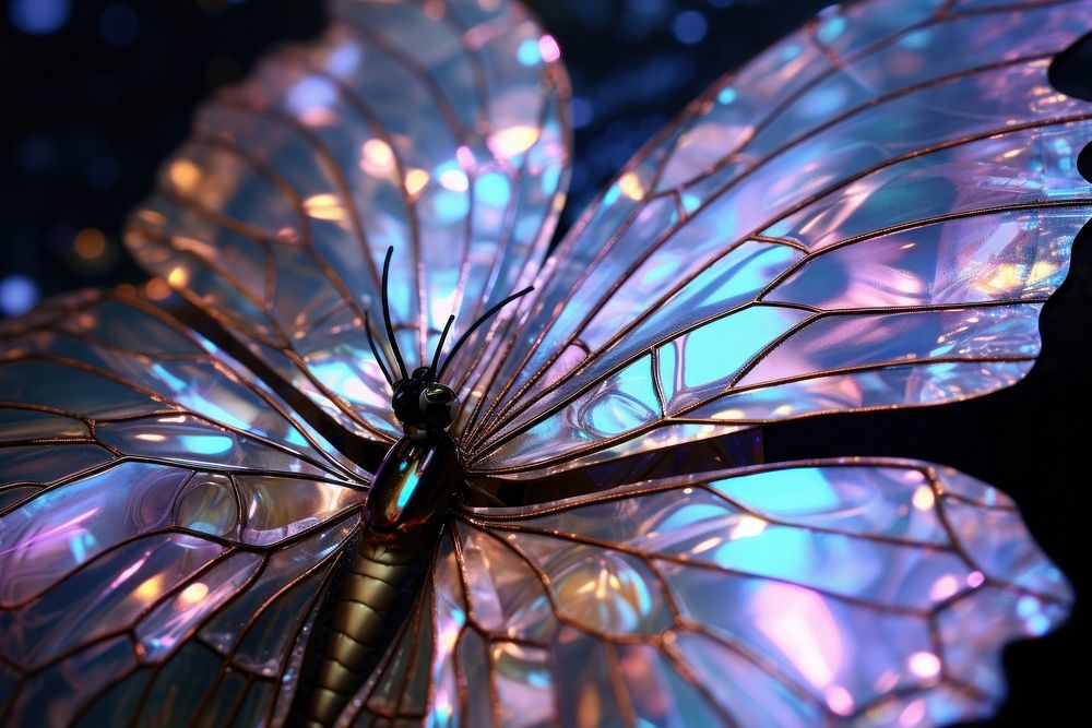 A butterfly wing with pastel invertebrate illuminated accessories.