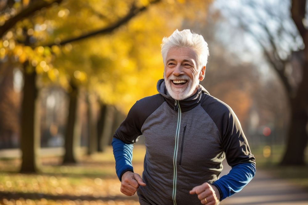 Elderly man running jogging adult exercising.