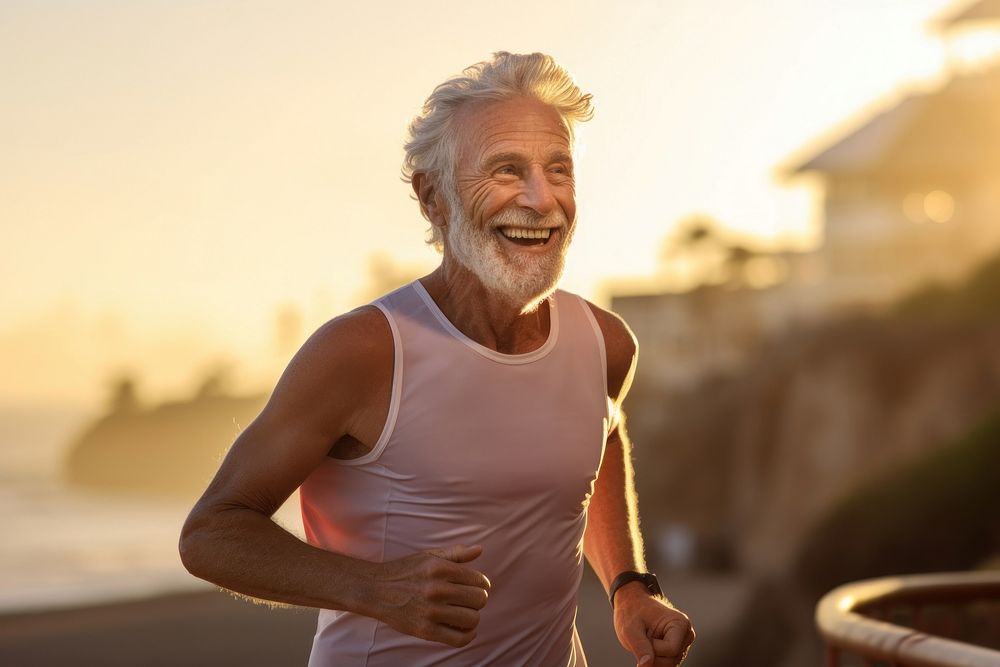 Elderly man running adult smile recreation.