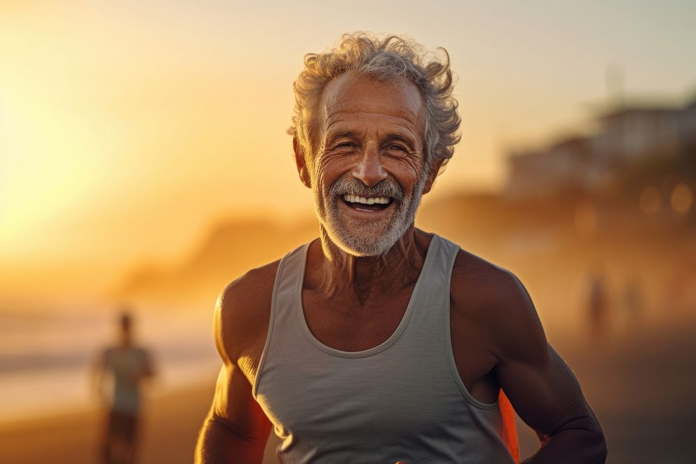 Elderly man running adult smile exercising.