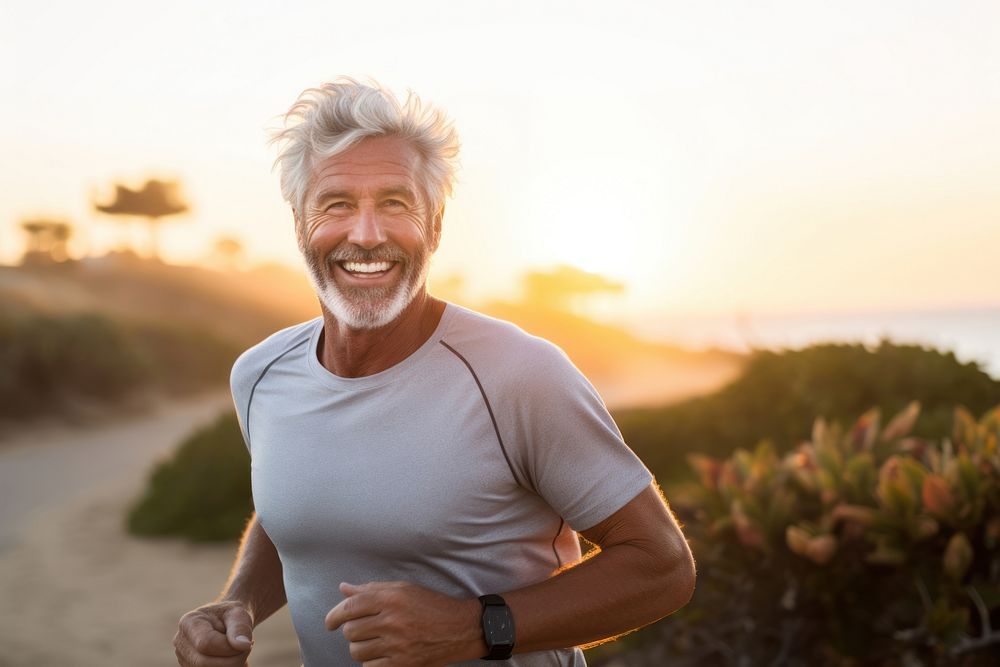 Elderly man running smile adult exercising.