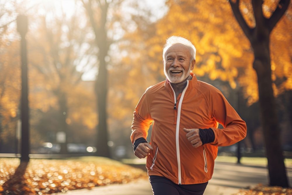 Elderly man running jogging adult exercising.