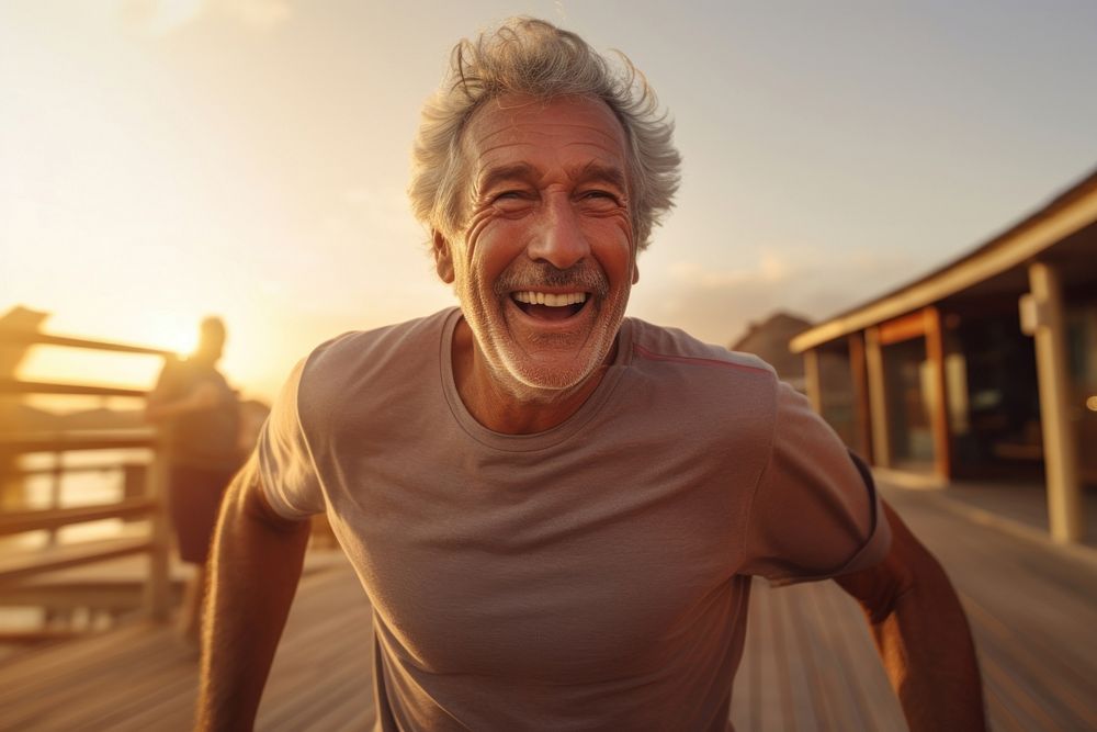 Elderly man running smile laughing adult.