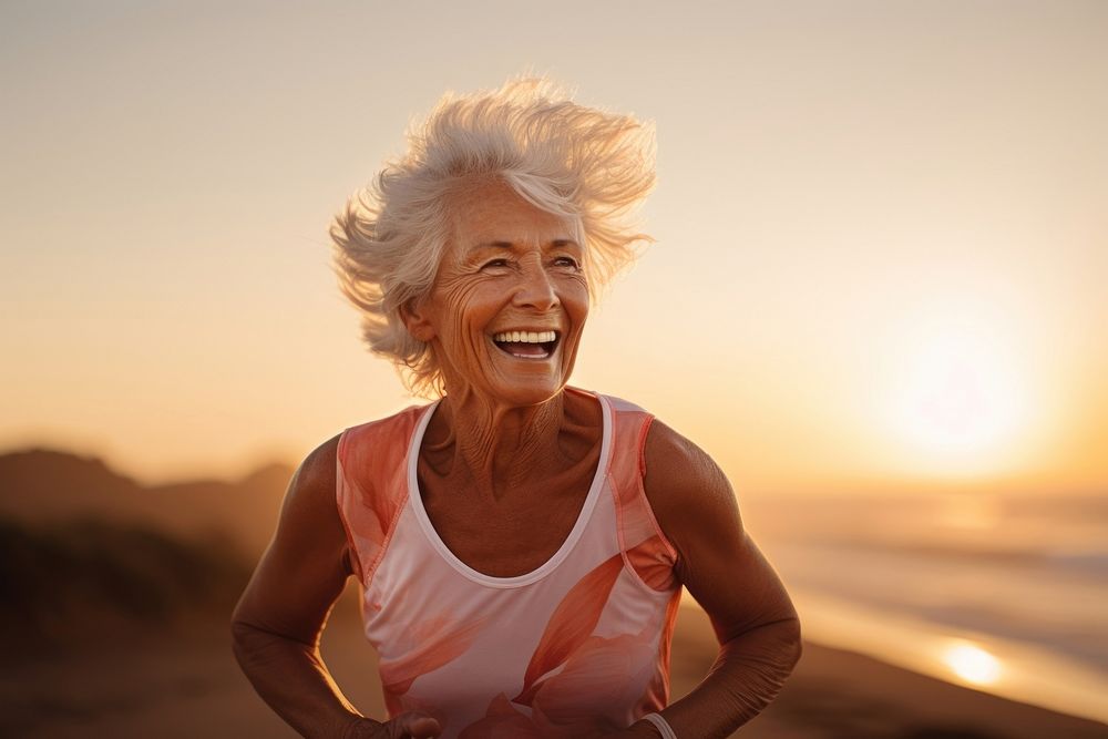 Elderly woman running laughing smile adult.