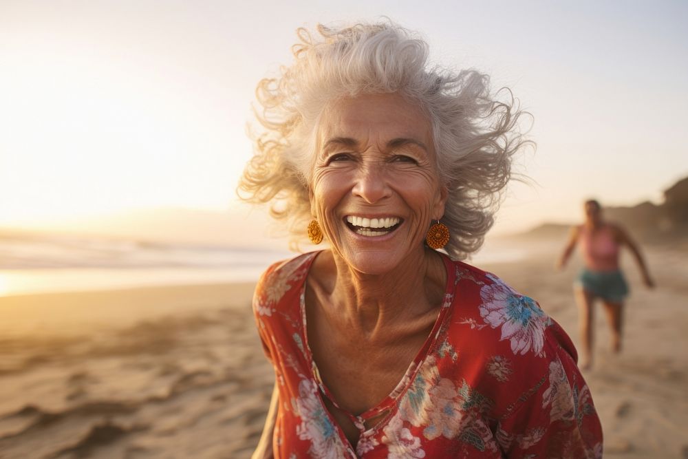 Elderly woman running smile laughing portrait.
