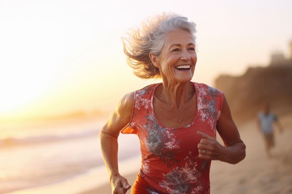 Elderly woman running adult beach accessories.