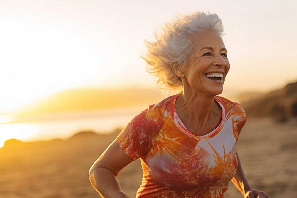 Elderly woman running smile laughing adult.