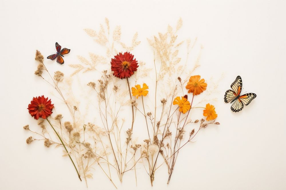 Real Pressed a single minimal colorful wildflowers butterfly insect plant.
