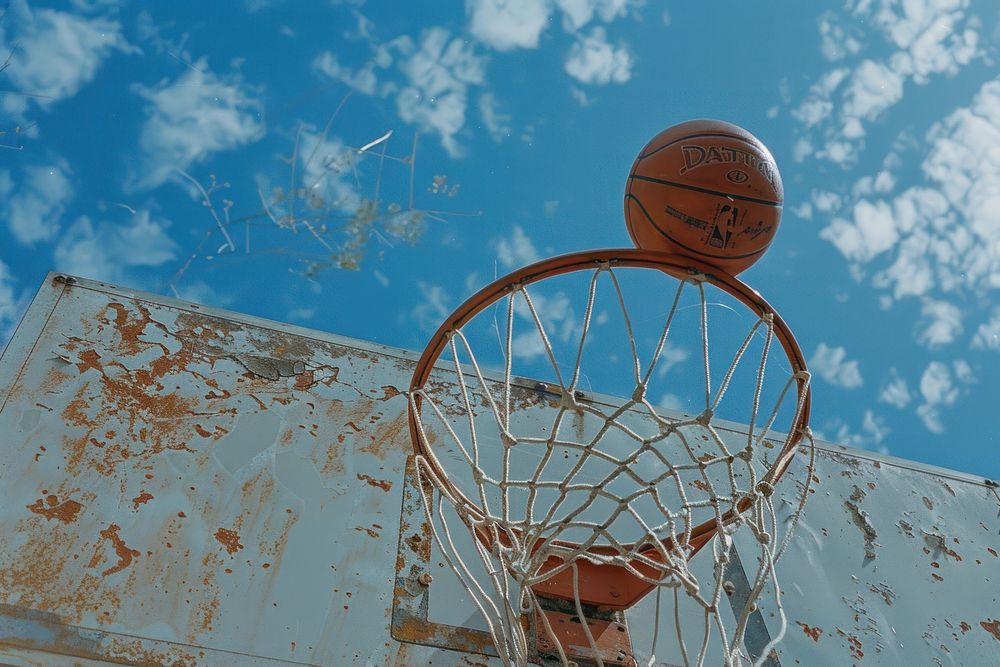 Basketball rim with basketball sports outdoors scoring.