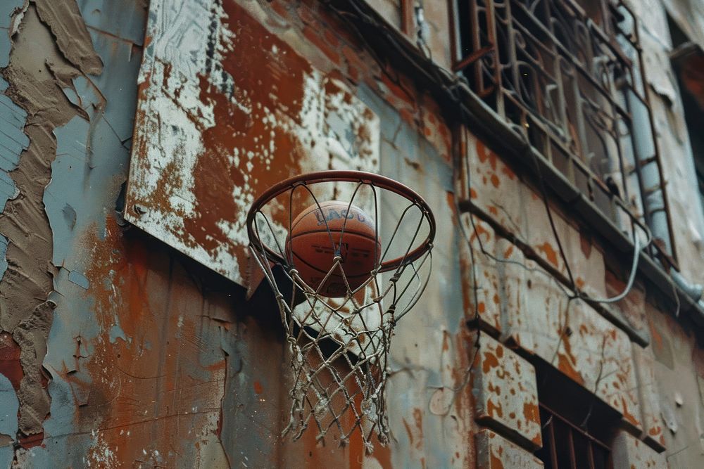 Basketball rim with basketball sports architecture corrosion.