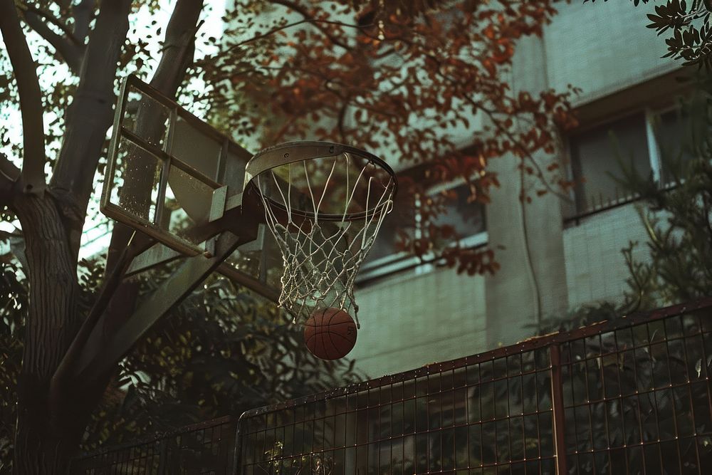 Basketball rim with basketball sports architecture monochrome.