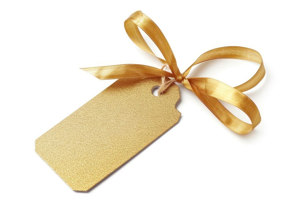 Price tag paper label gift shape with ribbon gold white background celebration.