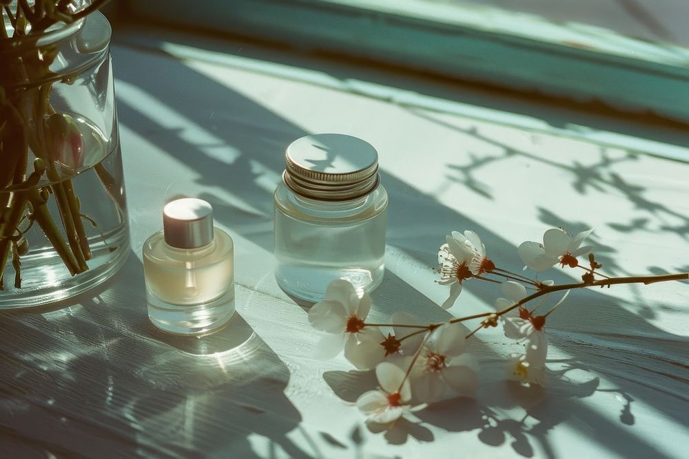 Cosmetic product cosmetics bottle windowsill.