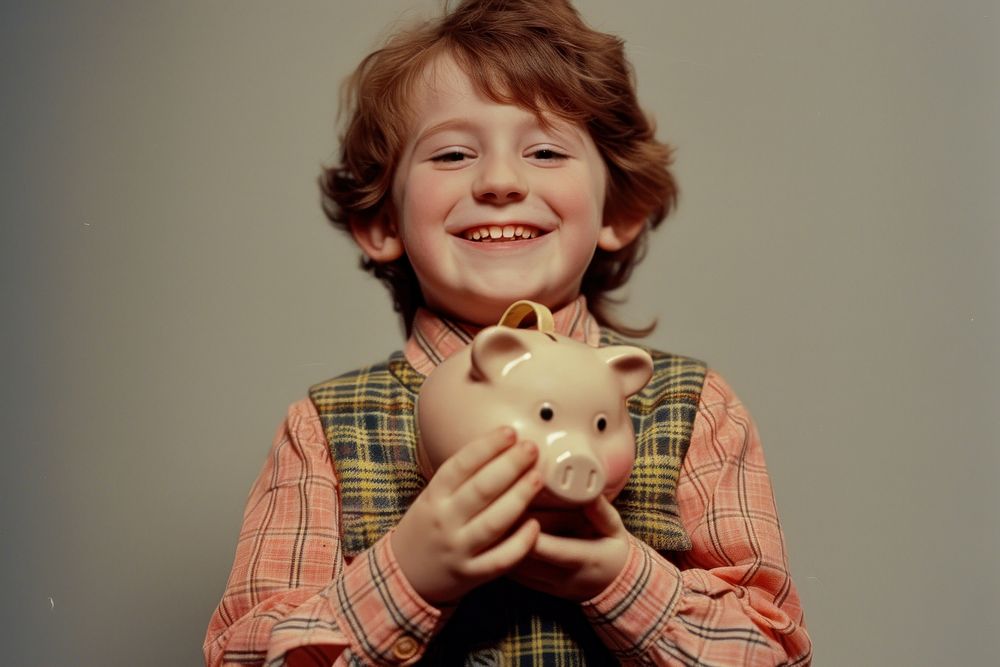 Kid holding piggy bank portrait photo baby.