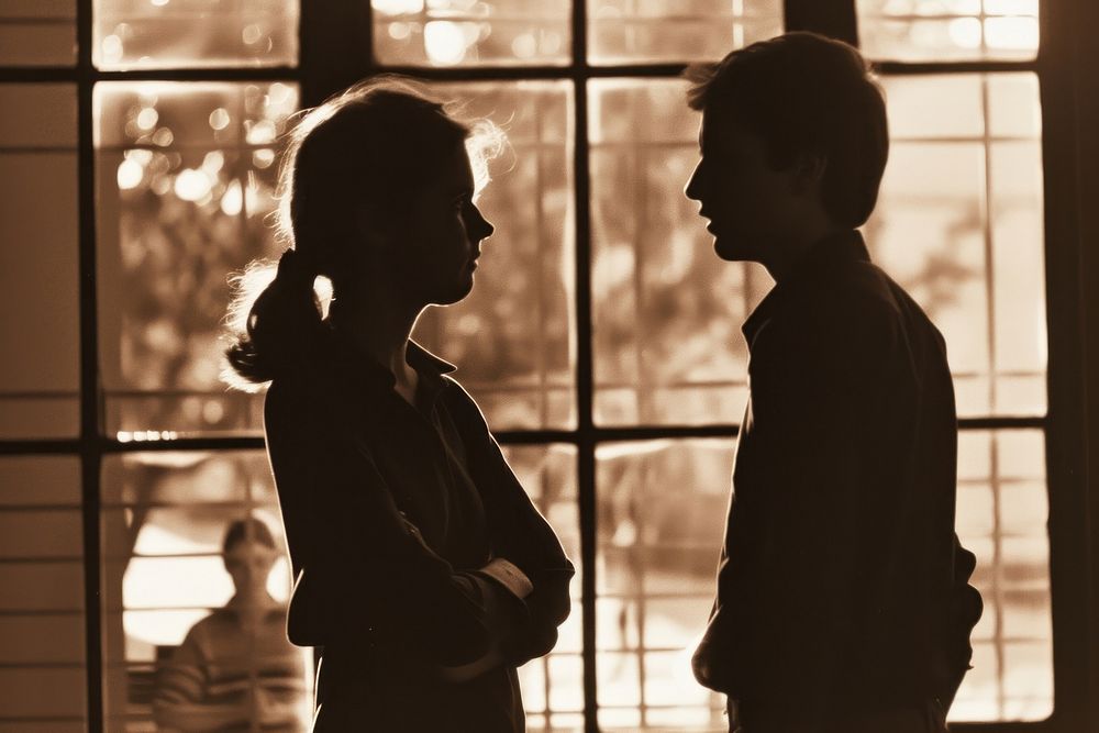Person discussing 2 people silhouette adult togetherness.