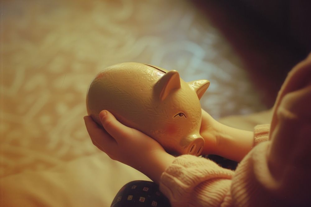 Person holding piggy bank hand finger baby.