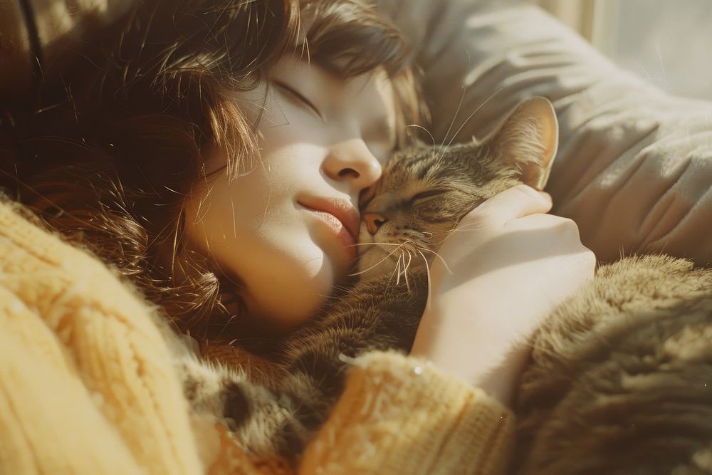 Person playing with cat sleeping pet comfortable.
