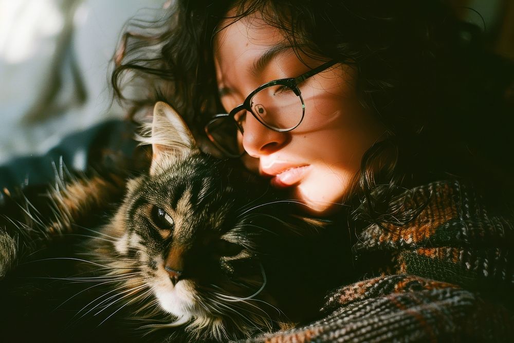 Person selfie with cat portrait glasses mammal.