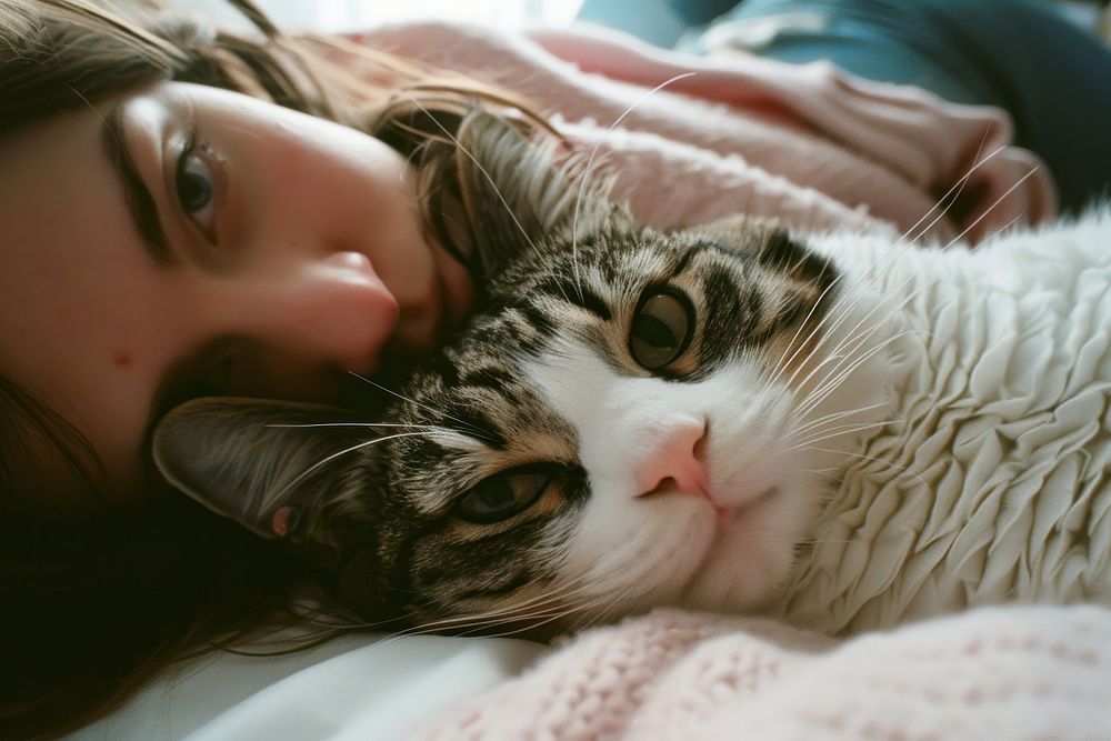 Person selfie with cat portrait blanket bedroom.