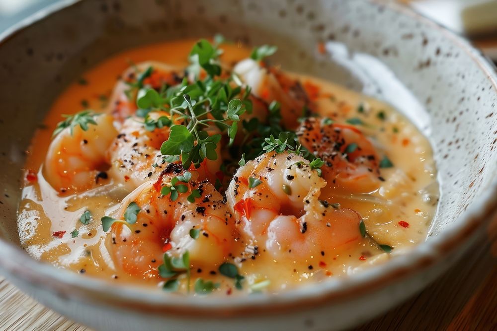 Dish seafood plate soup.