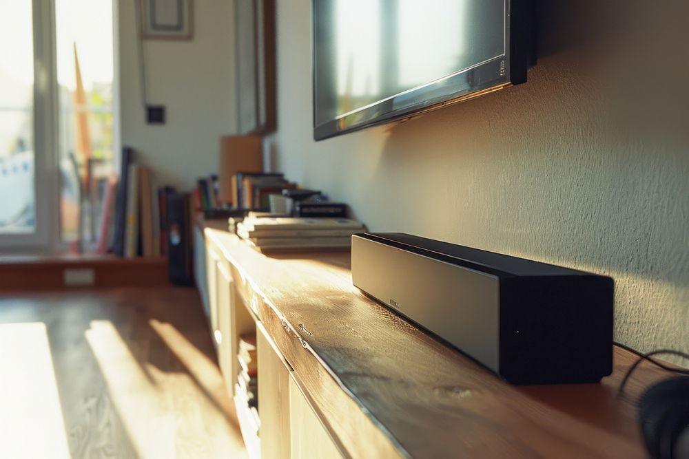 Soundbar speaker furniture table wood.