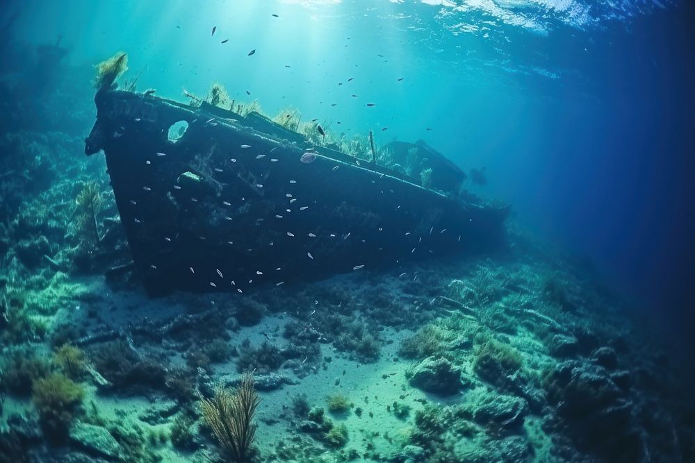 Underwater ancient ship sank outdoors vehicle nature.