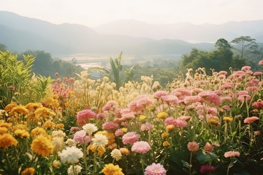 Various Tropical flower field landscape outdoors blossom nature.