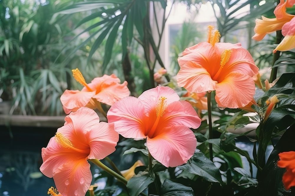 Various Tropical flower hibiscus outdoors plant.