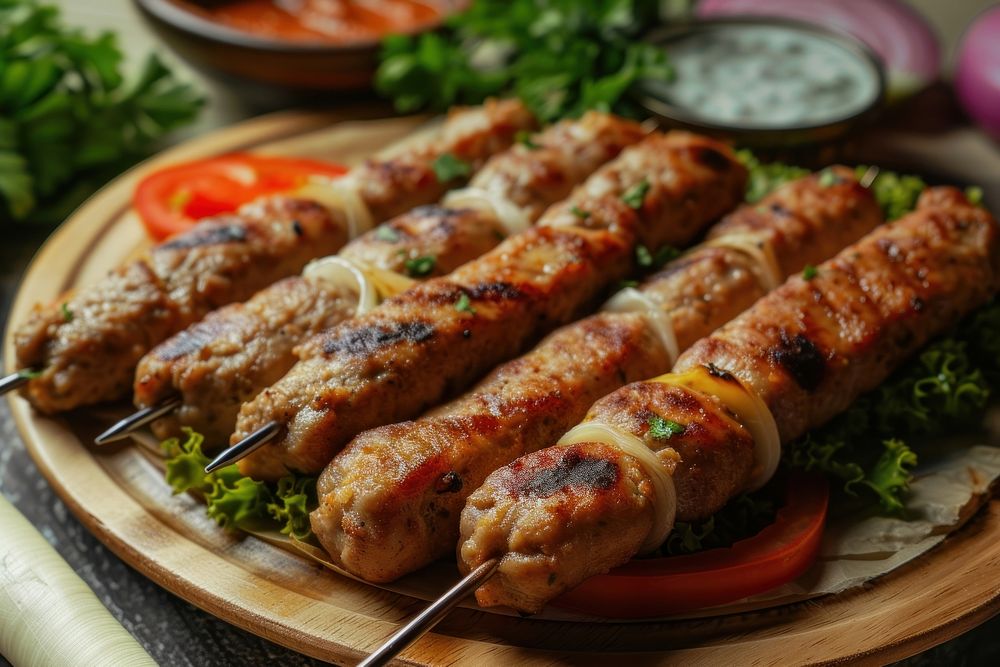 Wraped kebab grilling plate meat.
