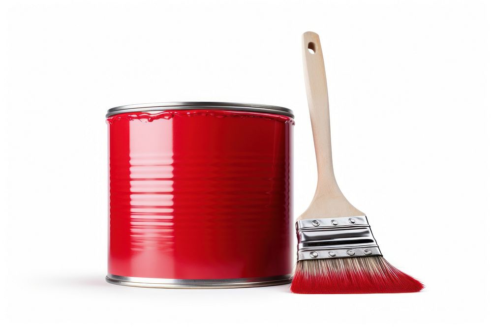Red paint can and brush red white background paintbrush.