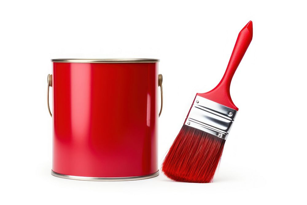 Red paint can and brush tool red white background.