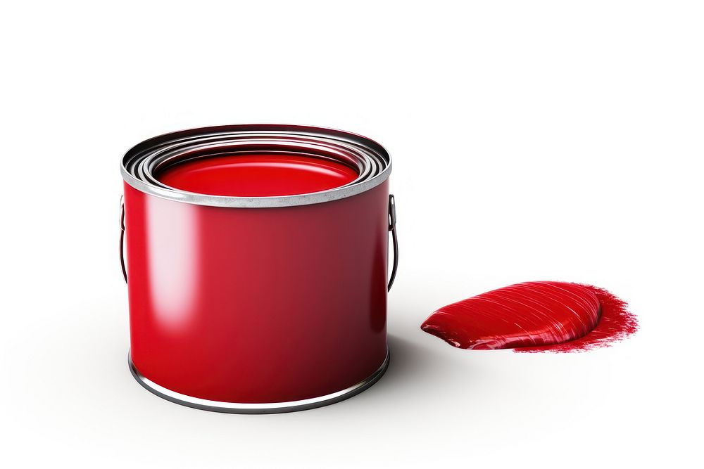 Red paint can and brush red white background container.