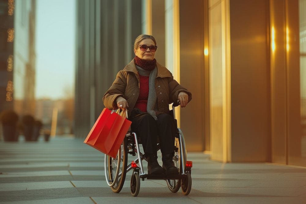 A smart looking mature woman on wheelchair with shopping bags vehicle glasses adult.