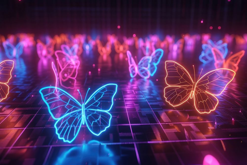 Neon butterflies wireframe border light illuminated futuristic.