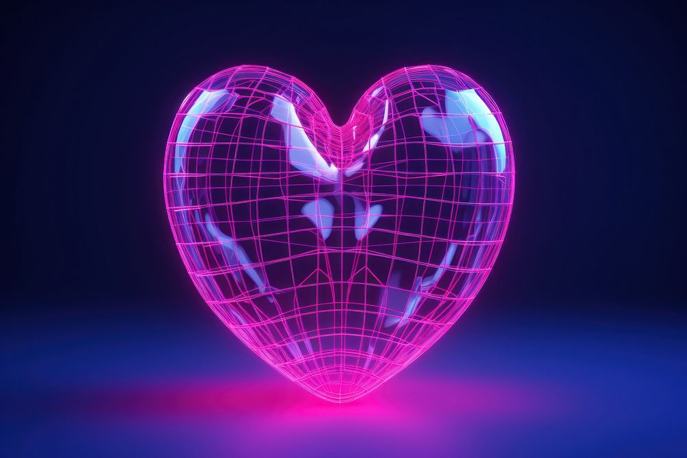 Neon heart wireframe purple light night.