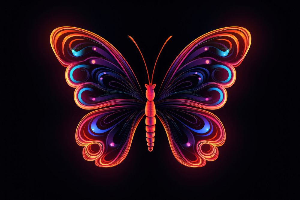 Neon butterfly consisting of wireframe light glowing pattern.