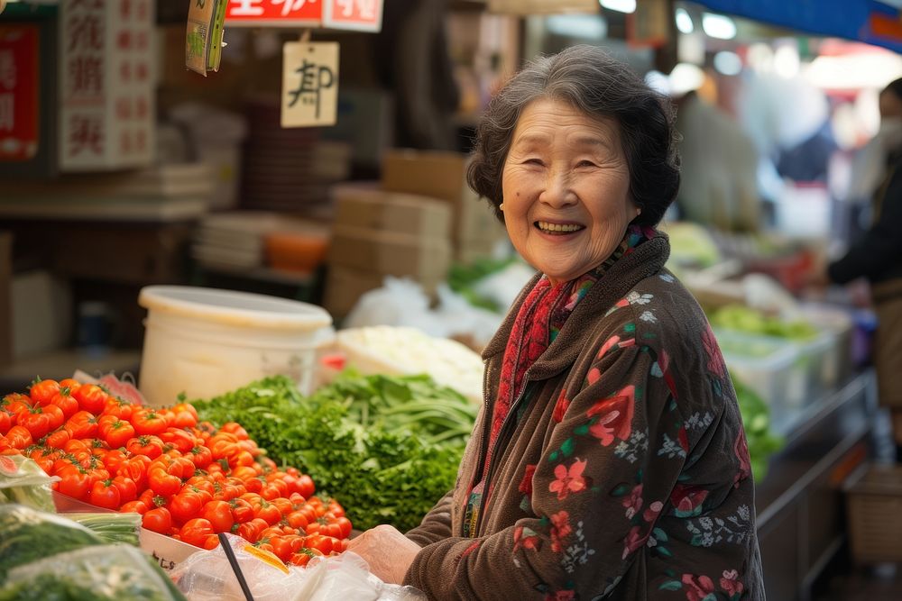 Asian mature woman market shopping adult.
