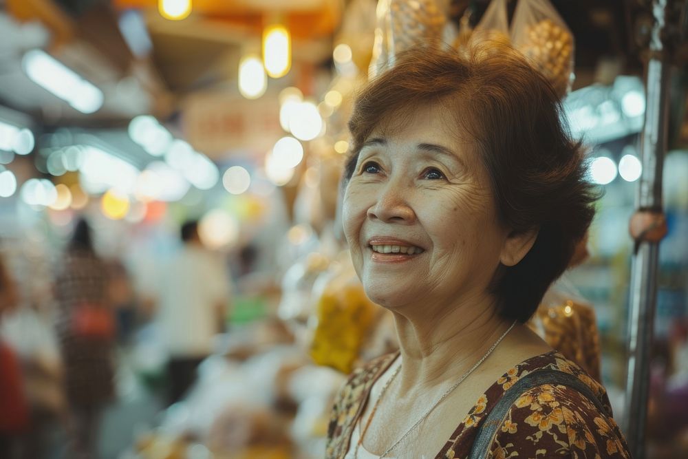 Asian mature woman portrait shopping market.
