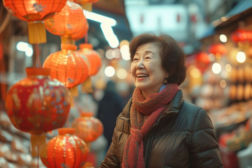 Asian mature woman shopping market adult.