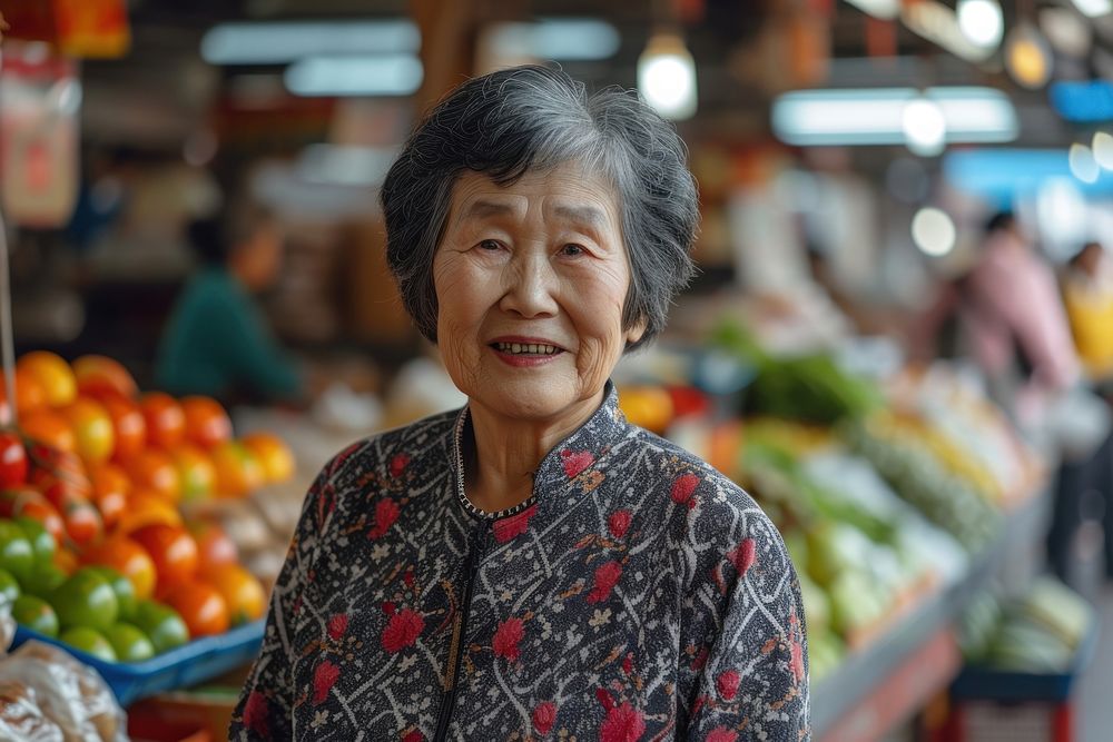 Asian mature woman shopping market smile.