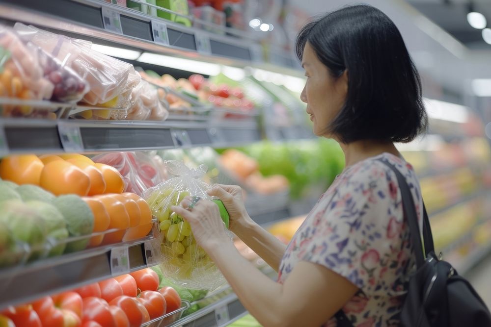 Asian Mature woman is choosing healthy foods in supermarkets adult refrigerator greengrocer.