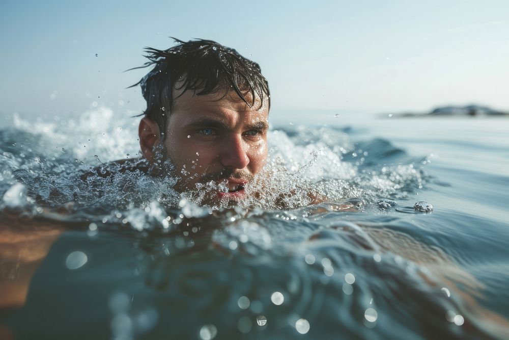 Athletic man swimming in ice-cold water outdoors sports underwater recreation.