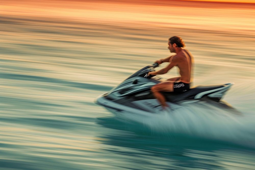 Attractive man riding a aquabike at sunset recreation vehicle sports.