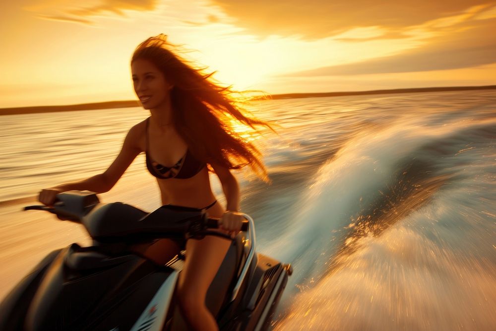 Attractive young woman riding a aquabike at sunset outdoors vehicle nature.