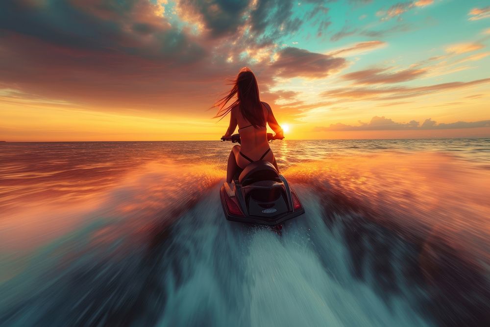 Attractive young woman riding a aquabike at sunset outdoors nature sports.